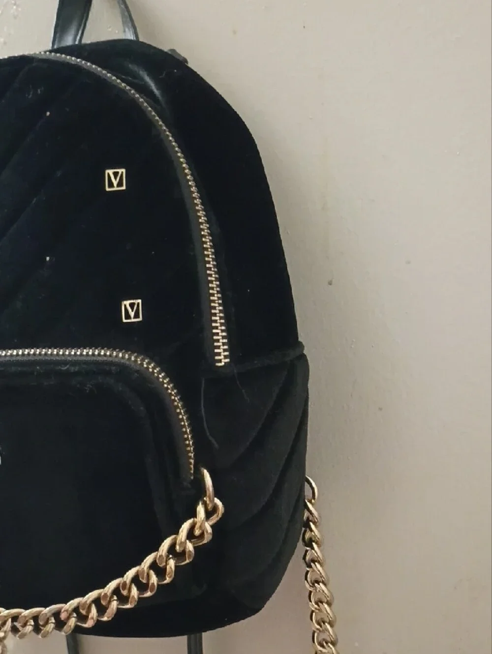 Victoria's Secret Black Velvet Women’s Backpack with Gold Chain Accent